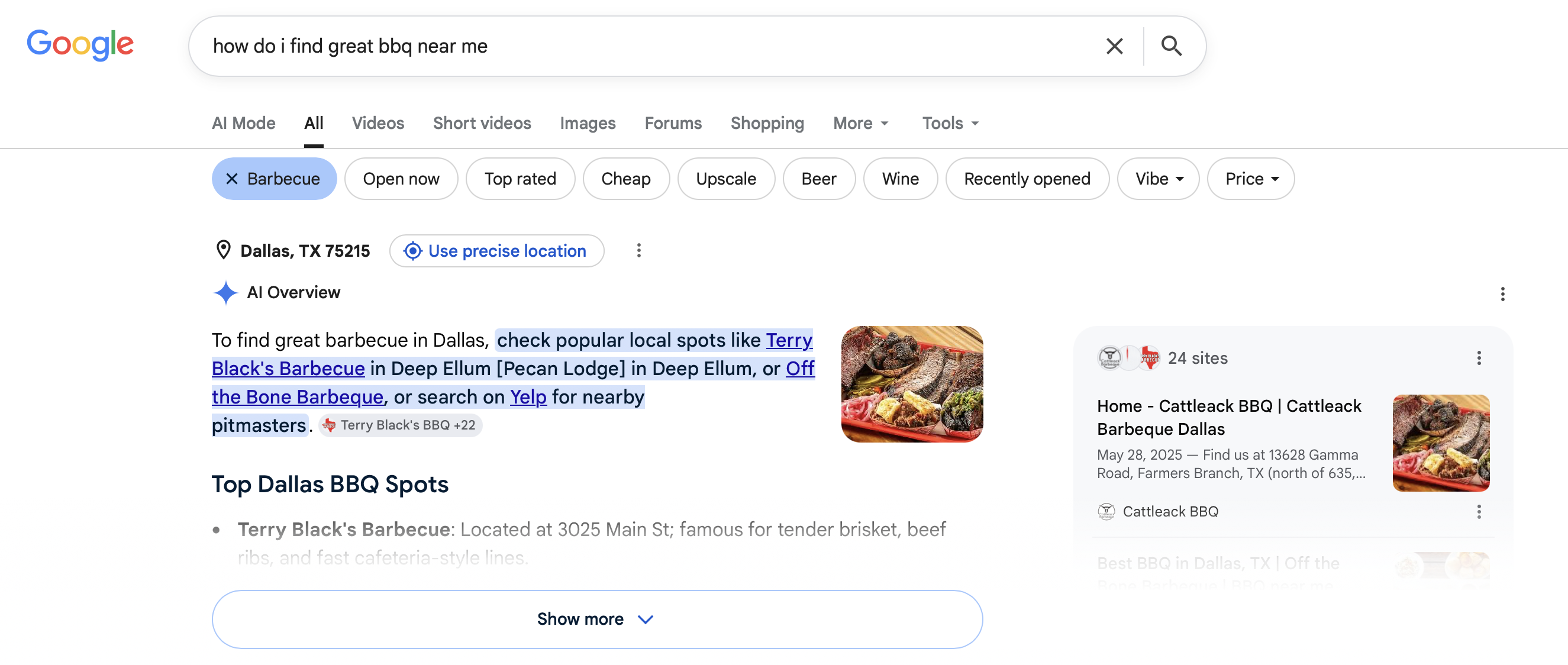 A real Google search for "how do i find great bbq near me" answered directly by Google's AI Overview, naming specific restaurants before any search results appear.